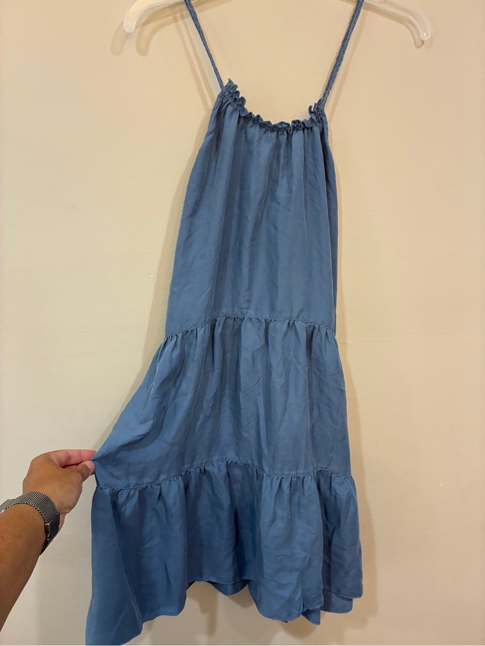 Women's Chambray Blue Tiered Spaghetti-Strap Mini Trapeze SunDress